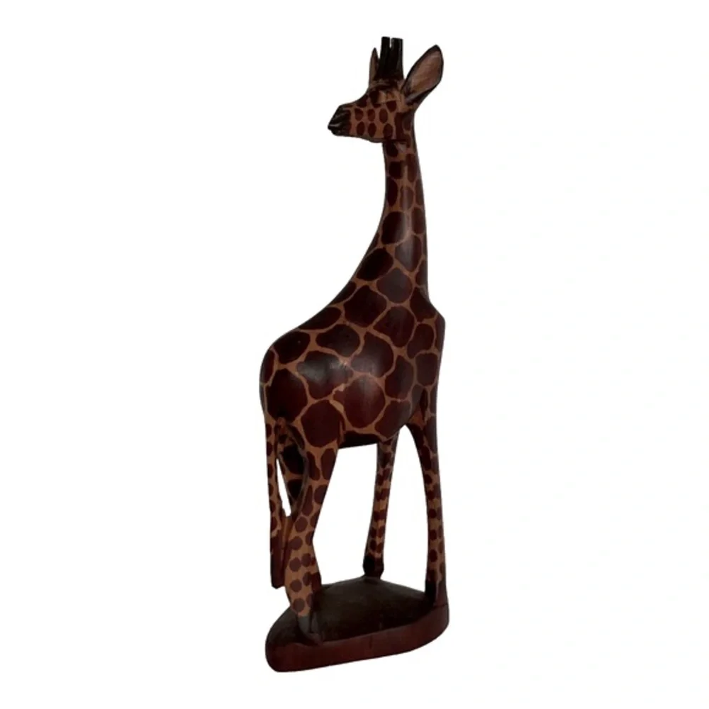 Pier 1 Imports Giraffe Figurine With Base Hand Carved Wood KENYA Vintage